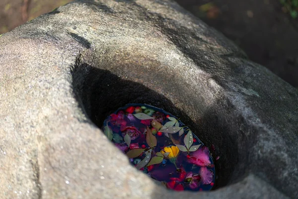 Japanisches Blumensteinbecken Mit Schwimmenden Rosa Blüten Auf Dem Wasser Zen — Stockfoto