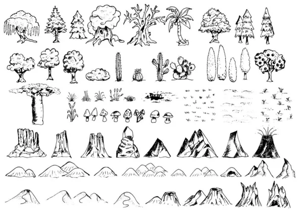 Fantasie Kaart Elementen Met Hand Getekend Natuur Symbolen Voor Kaarten — Stockvector