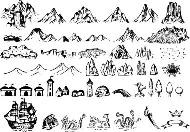 Fantasy Map Symbols with mountains, dunes, sea monsters and towers - vector line drawing style