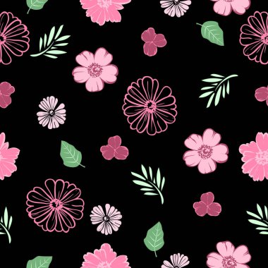 Siyah arka planda özgürlük tarzı pembe çiçekli kusursuz çiçek vektör deseni