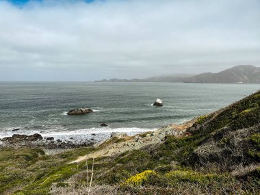 Aydınlık bir günde körfezin sularında manzaralı Kaliforniya kıyıları. Batı Yakası 'nın çalıları ve çiçekleri hafif bulutlu gökyüzünün önünde. Körfezin Pasifik Okyanus sularının dalgaları.