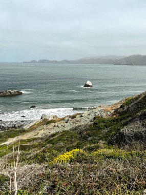 Aydınlık bir günde körfezin sularında manzaralı Kaliforniya kıyıları. Batı Yakası 'nın çalıları ve çiçekleri hafif bulutlu gökyüzünün önünde. Körfezin Pasifik Okyanus sularının dalgaları.