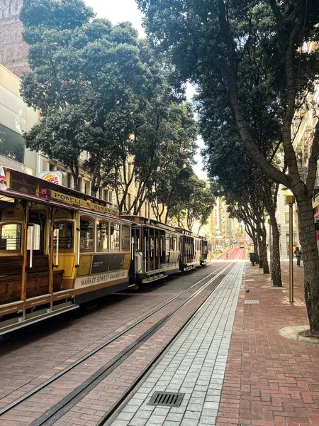 San Francisco caddesindeki tramvay. Şehrin dik tepelerini aşmak için güzel bir ulaşım fırsatı. Tramvay rayları güneşte parlıyor. Ağaçlı sokaklar.