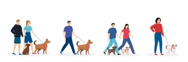 Köpek vektör çizimlerini yürüten bir grup insan