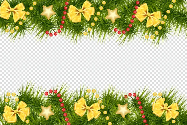 Kerstgrens Vakantie Krans Geïsoleerd Transparante Achtergrond Vector Kerstboom Takken Lichten — Stockvector