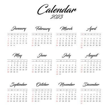 Basit bir tasarımı olan 2023 Takvim şablonu