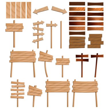 Wooden billboard. wood signs. Blank banner set. Collection of signs
