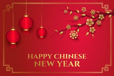 Fenerler ve çiçek ağaçlarıyla süslenmiş kırmızı ve altın renkli Çin Yeni Yıl Arkaplanı Vektör İllüzyonu