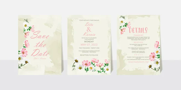 Cartão Convite Casamento Floral Branco Rosa Com Design Elegante — Vetor de Stock
