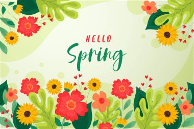 Hello spring vector greetings design. Spring text with colorful flower elements like camellia, daffodils, crocus and green leaves in background for spring season. Vector illustration clipart