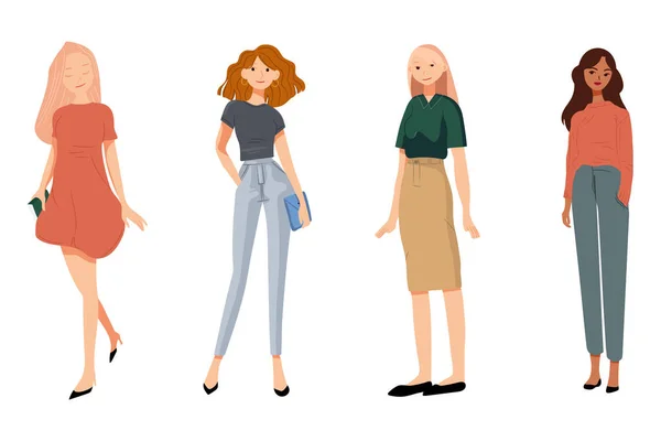 Modern Women Set Girls Standing Fashion Casual Office Outfits Stylish — Stock Vector