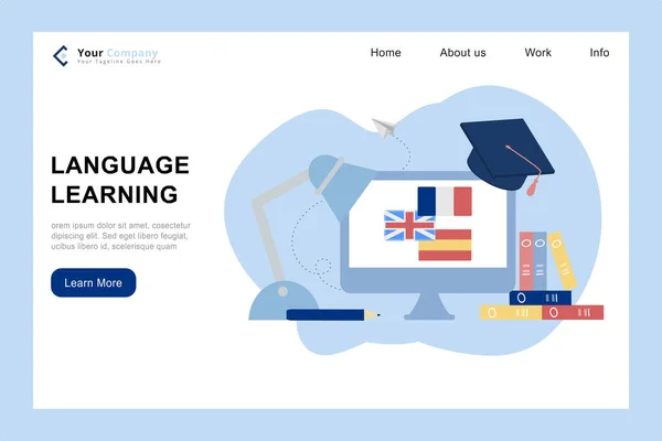 Modern 3D çevrimiçi dil öğrenme sınıfı. Web sitesi ve mobil uygulama geliştirme için dil kursları afiş şablonu. Kelimesi kelimesine çeviri, kişisel asistan ve e-öğrenme. Vektör illüstrasyonu