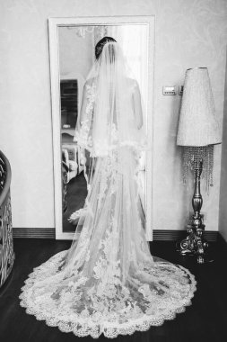 Gelinlik içinde zarif bir poz veren güzel bir gelin.  