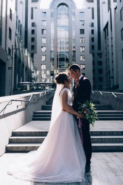 beautiful couple of young bride and groom posing in city         clipart