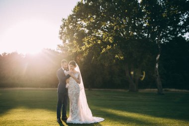 Mutlu gelin ve damat çifti güneş batarken yaz parkında poz veriyor.       