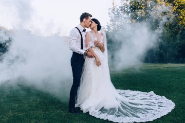 Mutlu genç çift yaz parkında sisli bir şekilde poz veriyor.