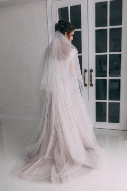 Gelinlik ve duvak içinde stüdyoda poz veren genç ve güzel gelinin arka manzarası.