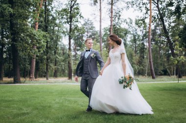 Güzel, mutlu gelin ve damat parkta yürüyor..   