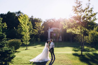 Güzel mutlu gelin ve damat düğün gününde parkta poz veriyor.      