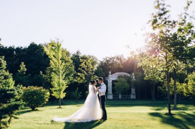 Güzel mutlu gelin ve damat düğün gününde parkta poz veriyor.      