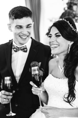 Genç mutlu yeni evliler düğün resepsiyonunda şarap içiyorlar.                 
