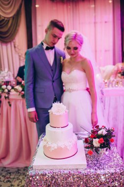 Güzel gelin ve damat kutlama yapıyor ve düğün pastasına bakıyor.  