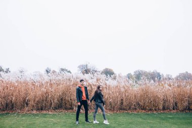 Genç bir çiftin portresi sonbahar baston tarlasında yürüyor.