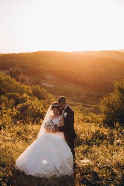 Gelin ve damat çifti düğün günlerinde gün batımında doğada yürüyorlar.         