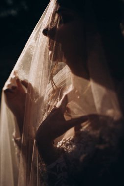 Gelinlik ve peçeli çekici genç gelin          