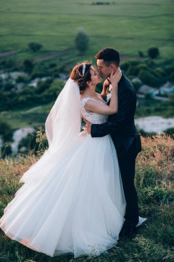 Gelin ve damat çifti düğün günlerinde gün batımında doğada öpüşüyor.