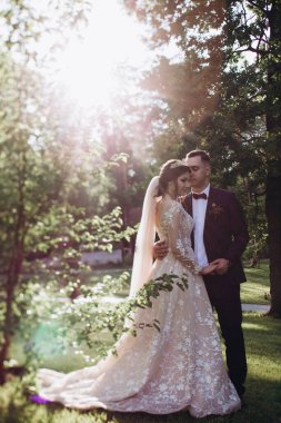 Parkta poz veren güzel gelin ve damat