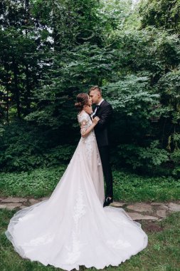 Gelin ve damat çifti parkta birlikte poz veriyor. düğün günü                        