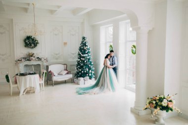 Mavi elbiseli güzel bir kadın kocasıyla Noel ağacının yanında poz veriyor. 