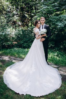 Gelin ve damat çifti parkta birlikte poz veriyor. düğün günü                        