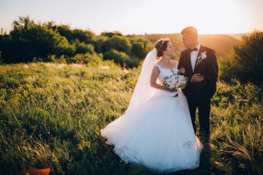 Mutlu gelin ve damat gün batımında güzel bir manzarada yürüyorlar.                