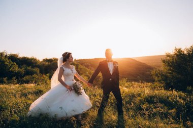 Mutlu gelin ve damat gün batımında güzel bir manzarada yürüyorlar.                