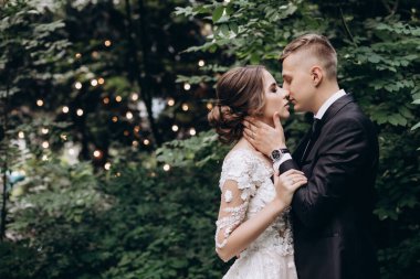 Gelin ve damat çifti parkta birlikte poz veriyor. düğün günü                        