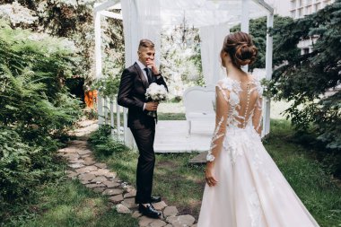 Parkta yürüyen mutlu gelin ve damat.