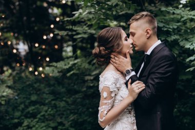 Gelin ve damat çifti parkta birlikte poz veriyor. düğün günü                        