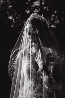 siyah ve beyaz gelinlik içinde duvak takmış güzel gelin imajı