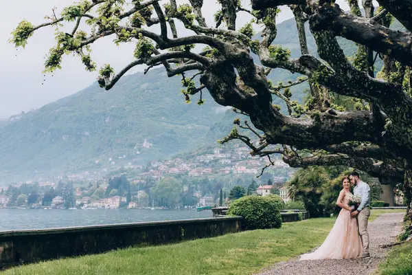 Genç ve mutlu gelin ve damat çifti parkta.       