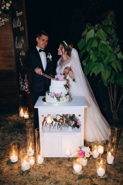 Gelin ve damat gülerek ve düğün pastasını keserek. 