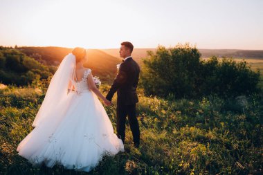 Günbatımında kırsal alanda yürüyen birbirine aşık güzel bir çiftin arka görüntüsü.