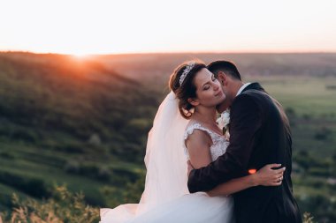 Güzel gelin ve damat gün batımında güzel manzarada sarılıyorlar.