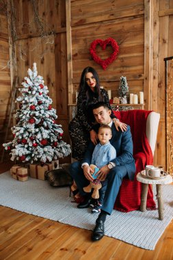 Stüdyoda oğluyla mutlu bir aile Noel ağacı süslemesi yapıyor.