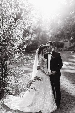 Gelin ve damat, gün batımında parkta el ele tutuşup sarılıyorlar.