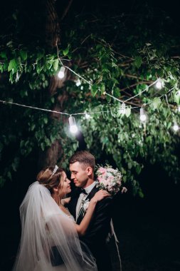 Gece parkta poz veren genç ve güzel evliler. 