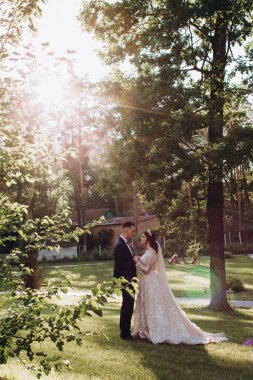 Parkta genç ve güzel bir düğün çifti. düğün günü           