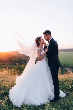 Mutlu gelin ve damat gün batımında güzel bir manzarada yürüyorlar.                