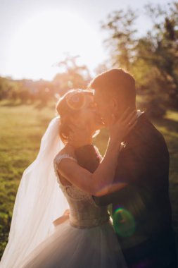 Mutlu gelin ve damat gün batımında güzel bir manzarada yürüyorlar.                